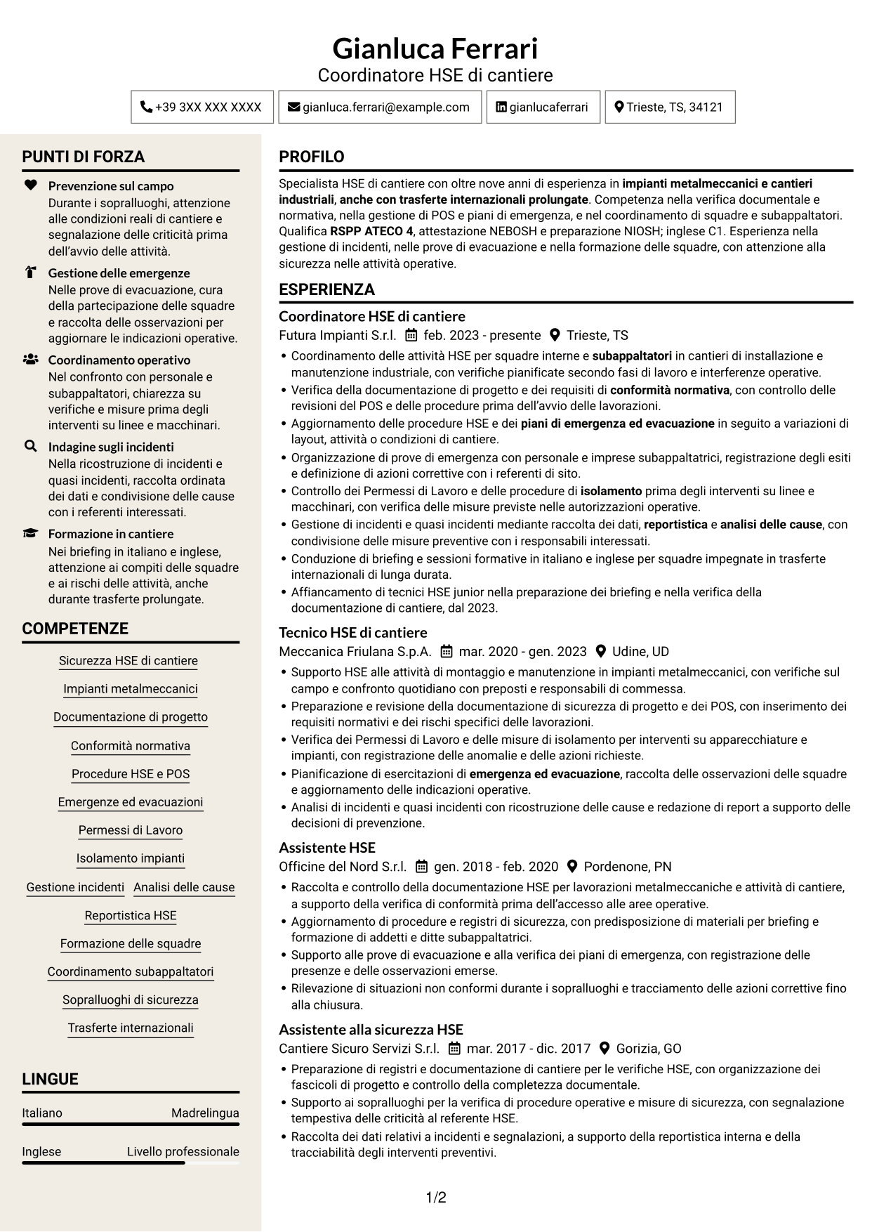 CV Intraprendente (formato a due colonne con intestazione centrata senza foto): HSE di cantiere - Cantieri industriali, pagina 1