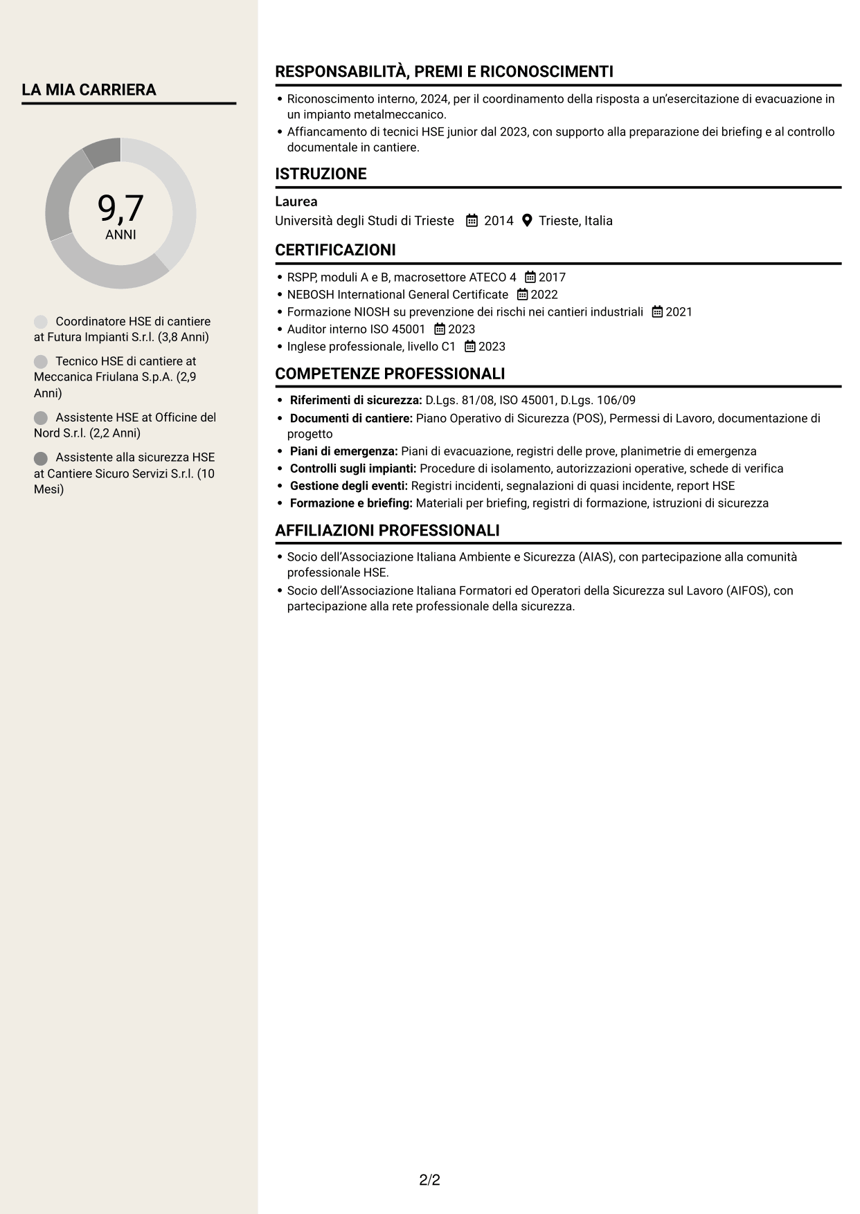 CV Intraprendente (formato a due colonne con intestazione centrata senza foto): HSE di cantiere - Cantieri industriali, pagina 2