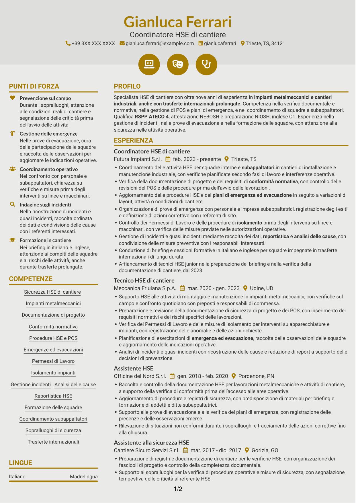 CV Dinamico (formato a due colonne con icone): HSE di cantiere - Cantieri industriali, pagina 1