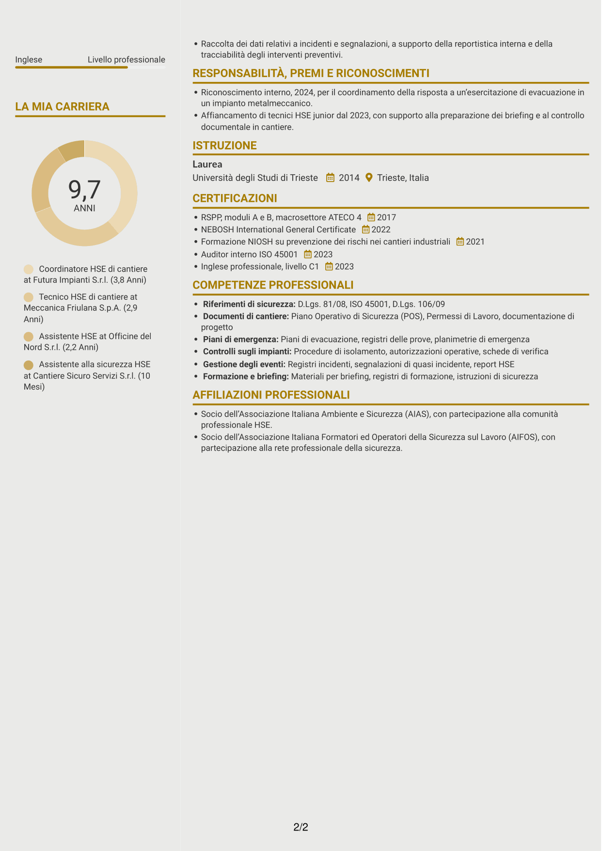 CV Dinamico (formato a due colonne con icone): HSE di cantiere - Cantieri industriali, pagina 2