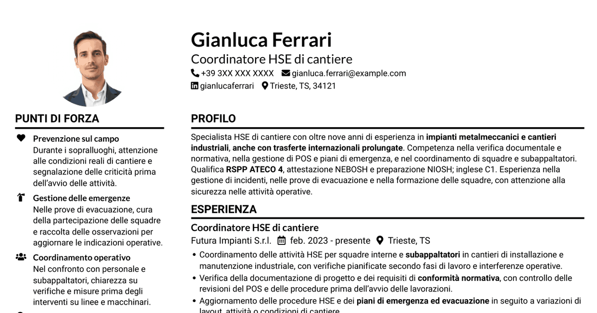 7 modelli di CV per HSE di cantiere - Cantieri industriali, con esempi