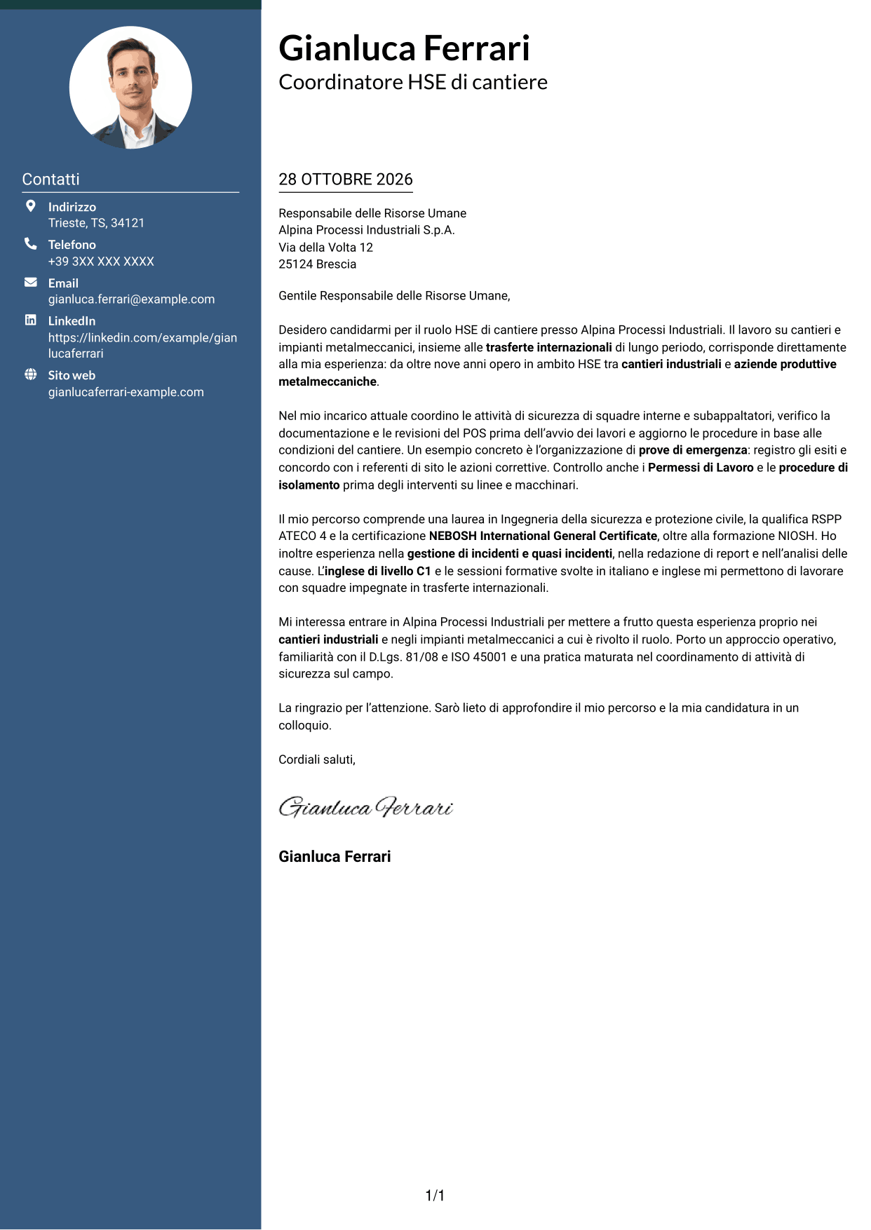 Lettera di presentazione Elegante (formato con colonna laterale colorata e foto): HSE di cantiere - Cantieri industriali, pagina 1