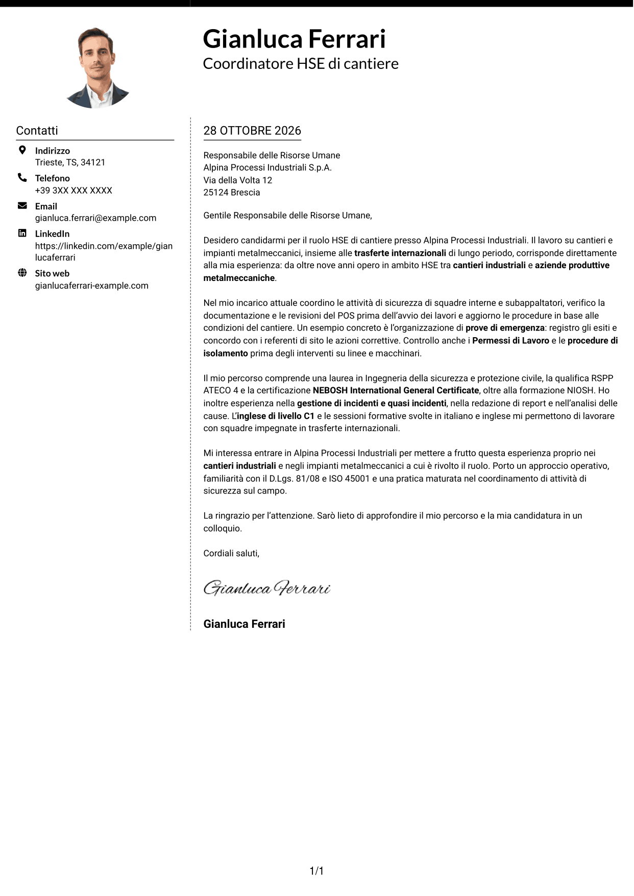Lettera di presentazione Moderno (formato a due colonne con foto a sinistra e separatore): HSE di cantiere - Cantieri industriali, pagina 1