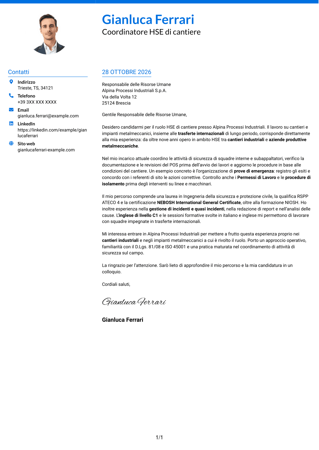 Lettera di presentazione Audace (formato a due colonne con accenti colorati e foto): HSE di cantiere - Cantieri industriali, pagina 1