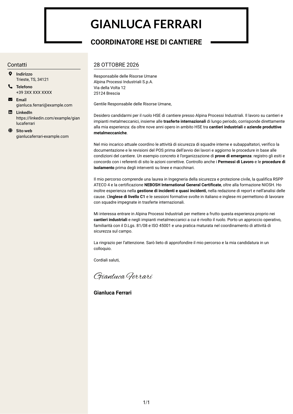 Lettera di presentazione Intraprendente (formato a due colonne con intestazione centrata senza foto): HSE di cantiere - Cantieri industriali, pagina 1