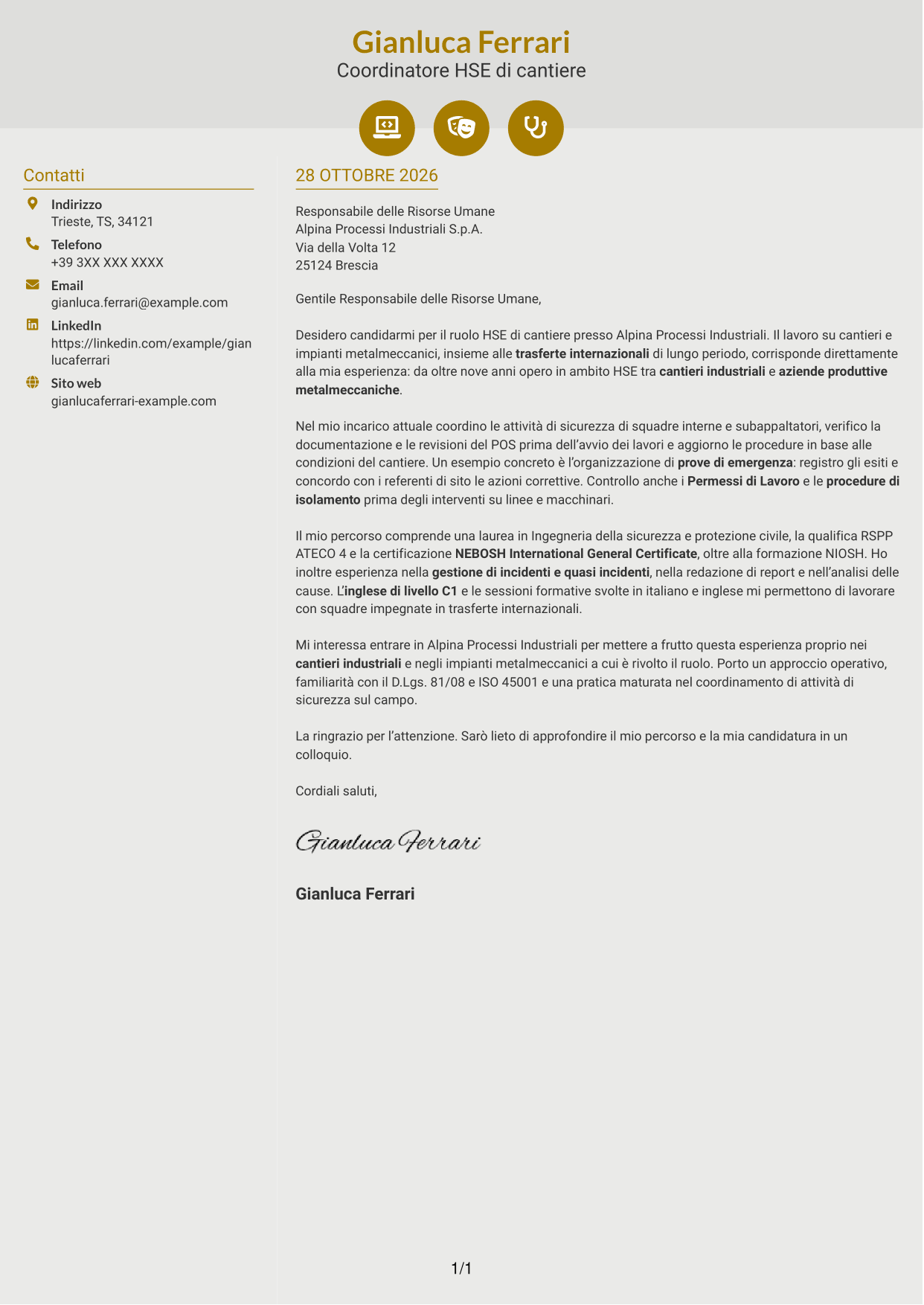 Lettera di presentazione Dinamico (formato a due colonne con icone): HSE di cantiere - Cantieri industriali, pagina 1
