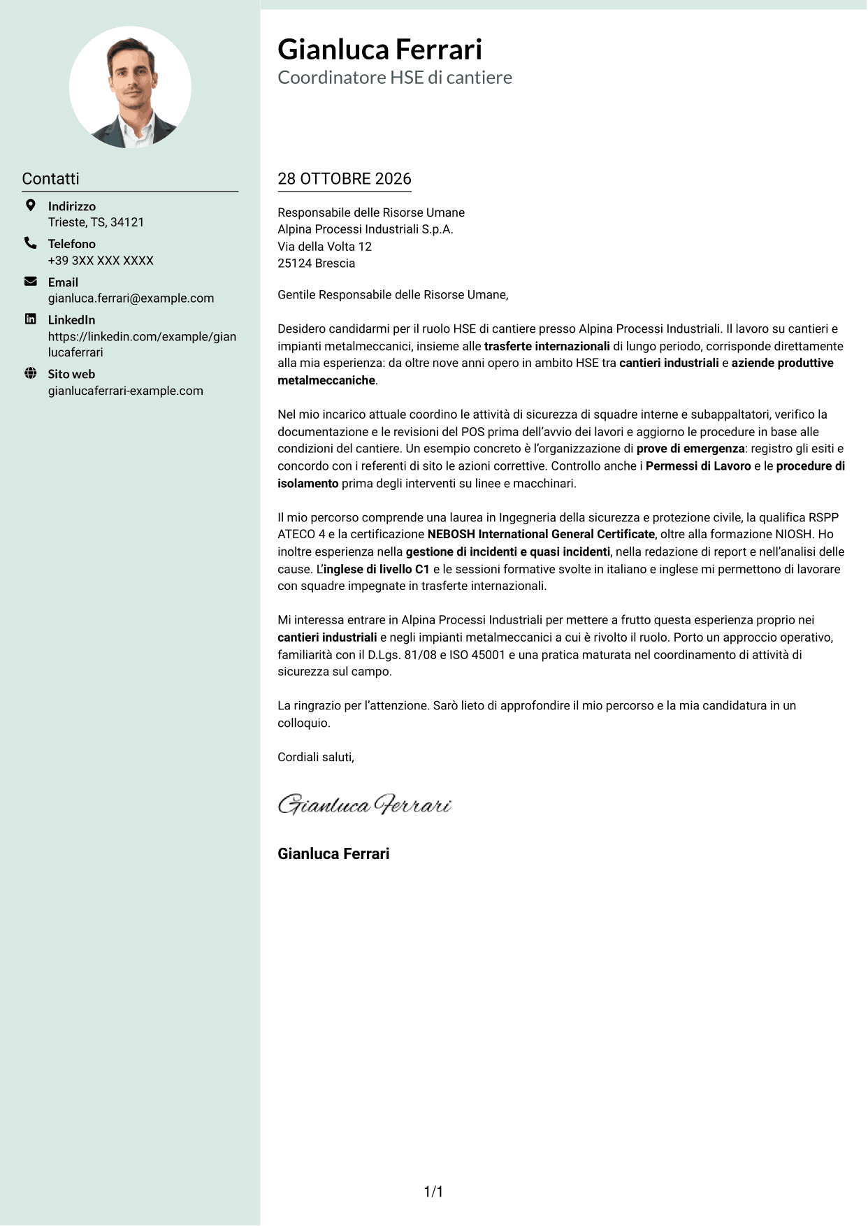 Lettera di presentazione Dirigente (formato con colonna laterale tenue e foto arrotondata): HSE di cantiere - Cantieri industriali, pagina 1