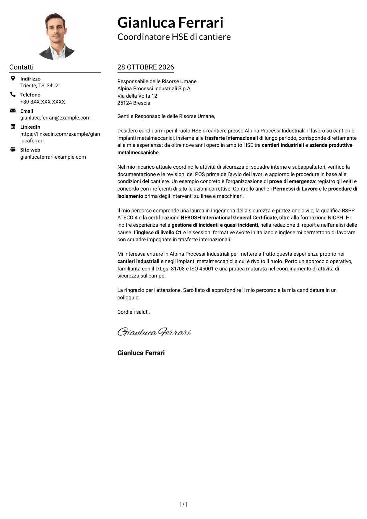 Esempio di lettera di presentazione — pagina 1