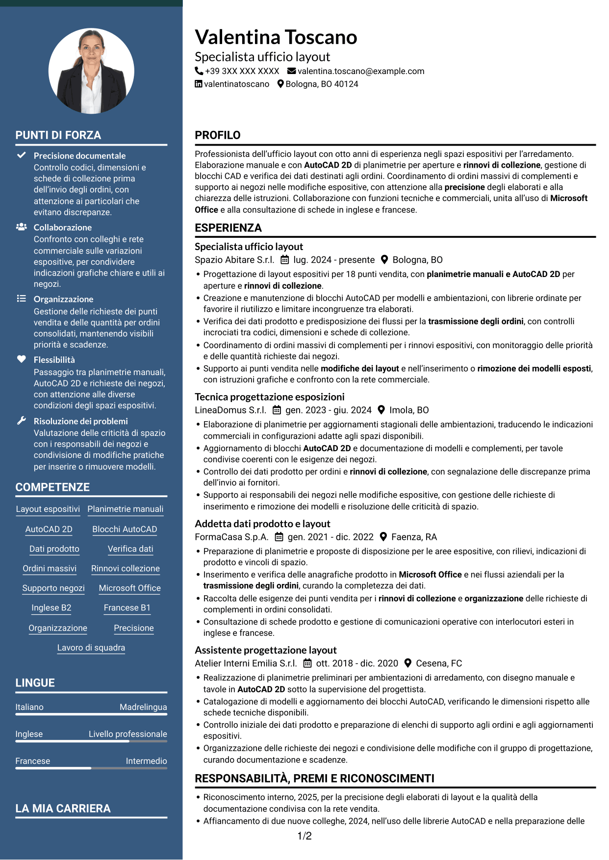 CV Elegante (formato con colonna laterale colorata e foto): Impiegata ufficio layout - Layout espositivi per arredamento, pagina 1