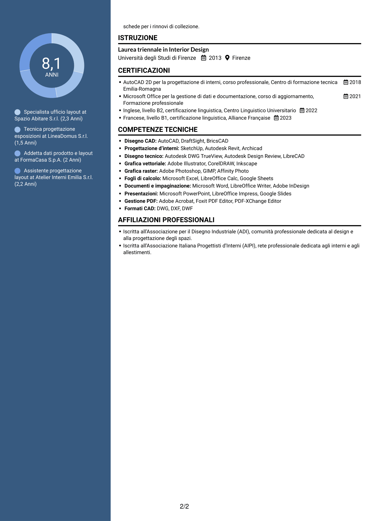 CV Elegante (formato con colonna laterale colorata e foto): Impiegata ufficio layout - Layout espositivi per arredamento, pagina 2