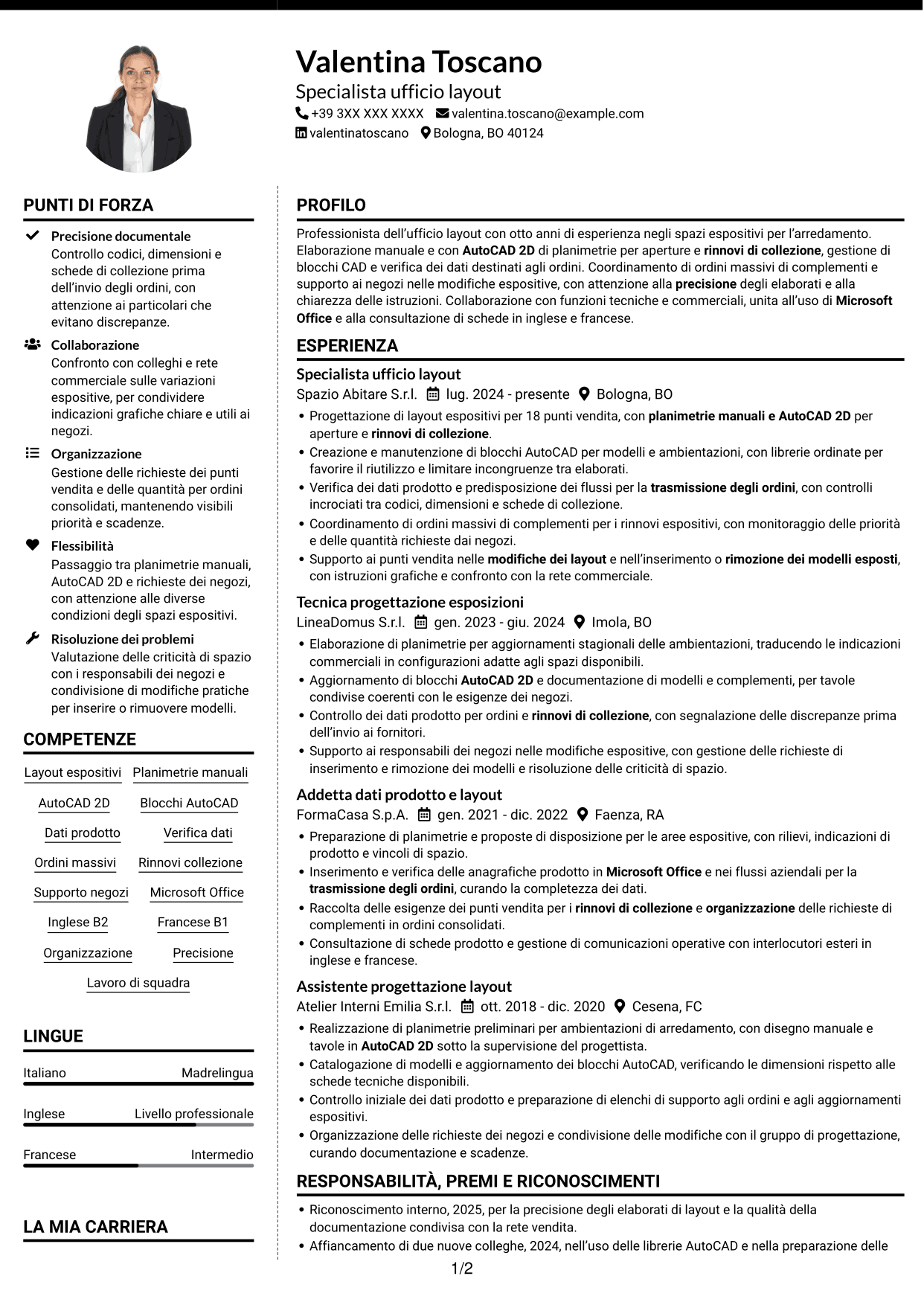 CV Moderno (formato a due colonne con foto a sinistra e separatore): Impiegata ufficio layout - Layout espositivi per arredamento, pagina 1