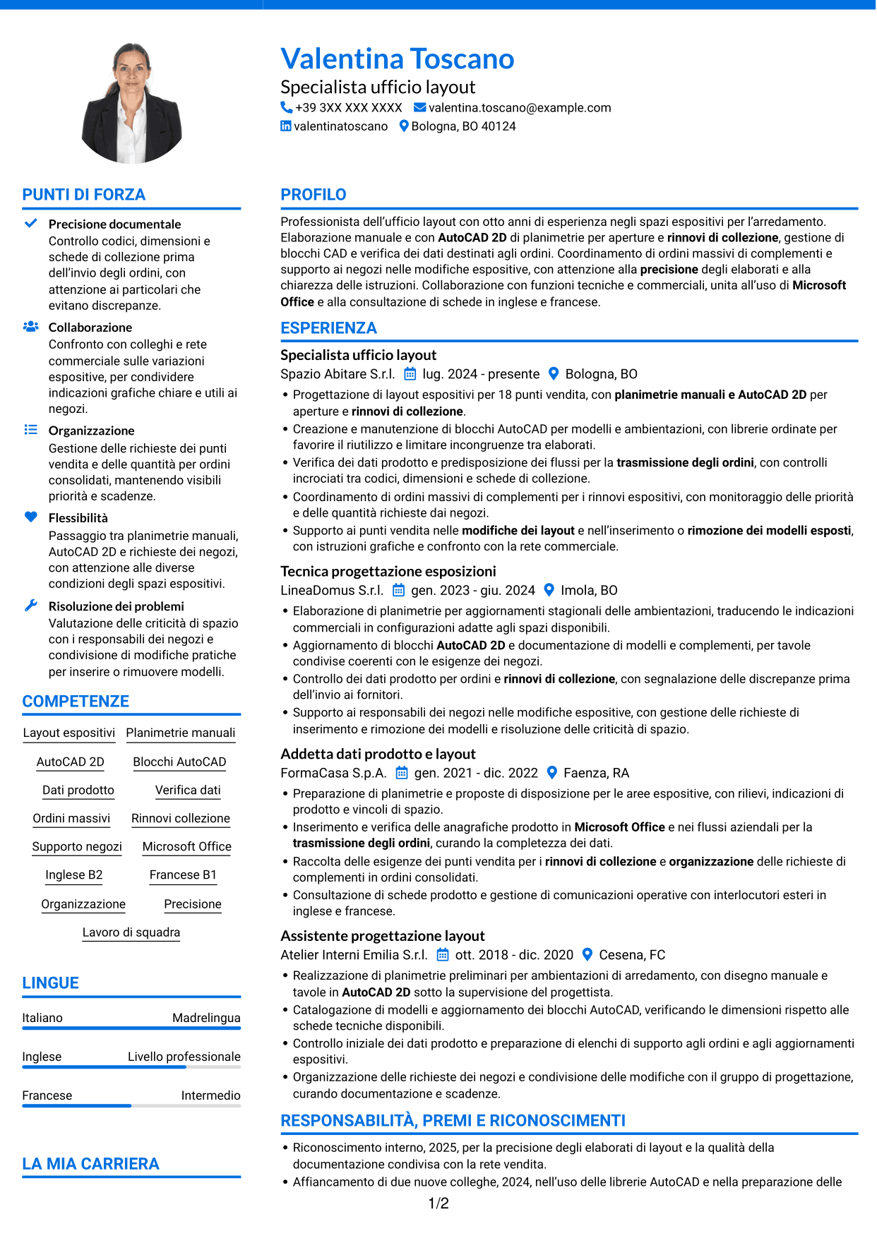 CV Audace (formato a due colonne con accenti colorati e foto): Impiegata ufficio layout - Layout espositivi per arredamento, pagina 1