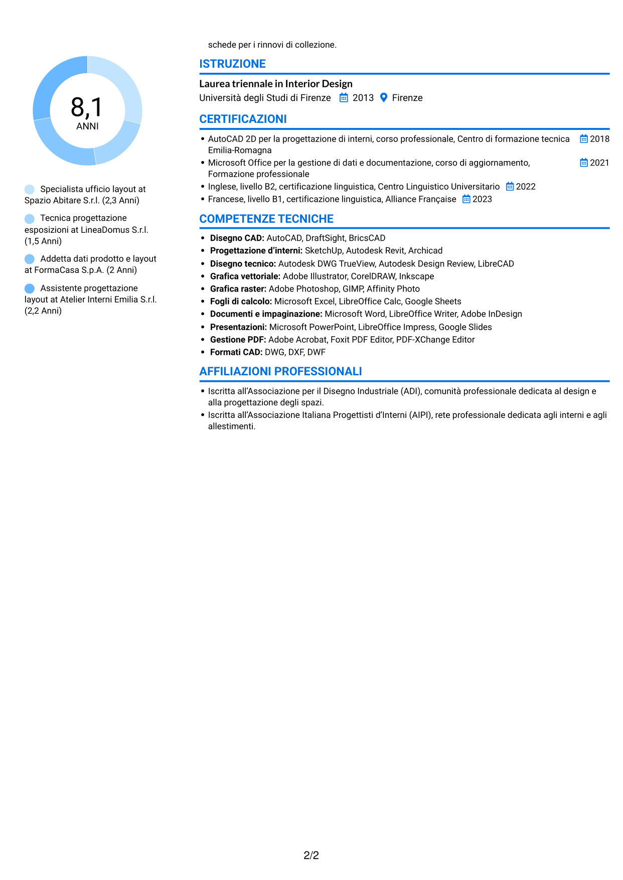 CV Audace (formato a due colonne con accenti colorati e foto): Impiegata ufficio layout - Layout espositivi per arredamento, pagina 2