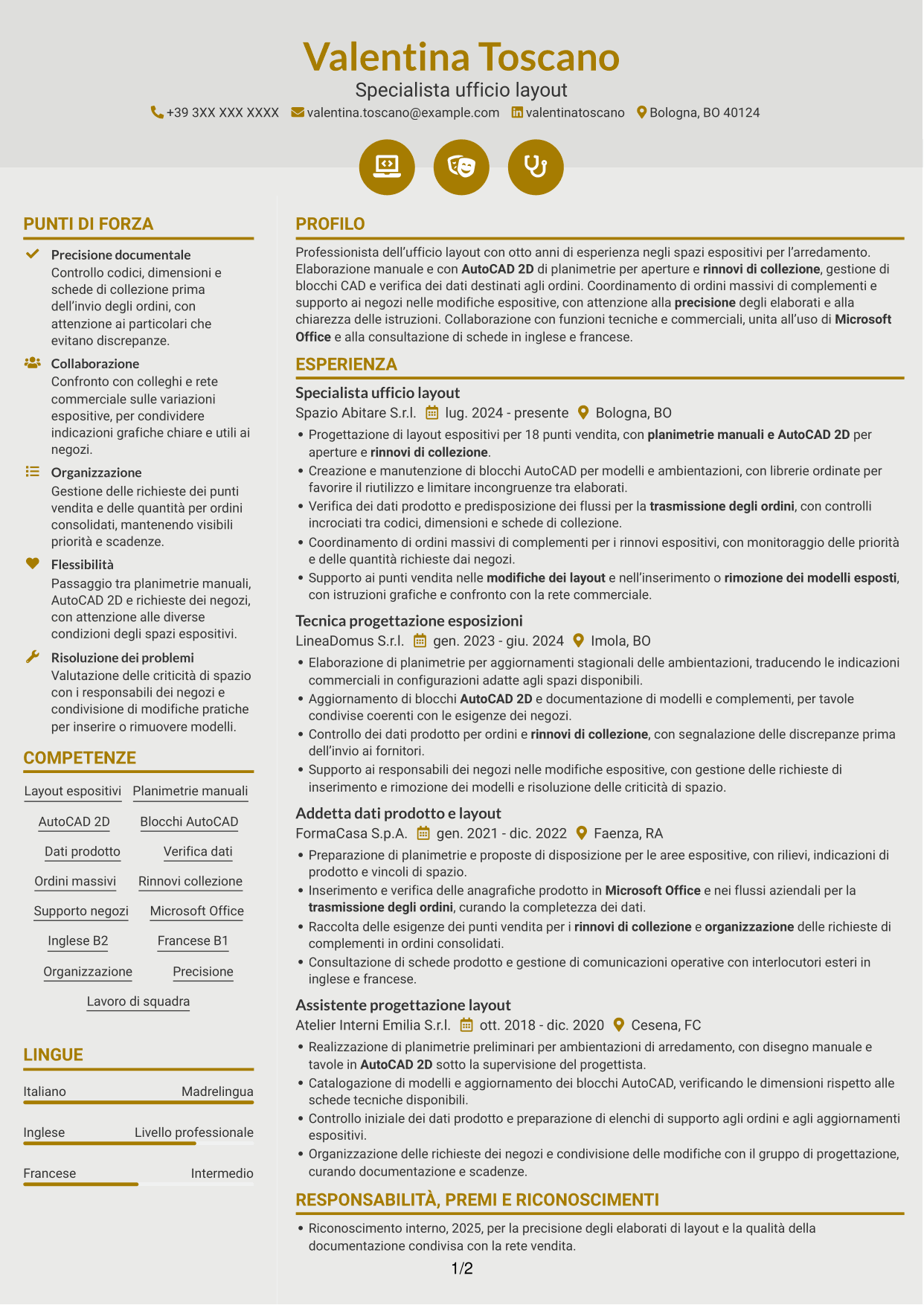 CV Dinamico (formato a due colonne con icone): Impiegata ufficio layout - Layout espositivi per arredamento, pagina 1