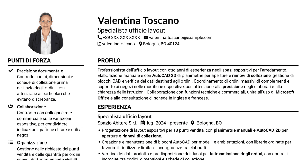 7 modelli di CV per Impiegata ufficio layout - Layout espositivi per arredamento, con esempi