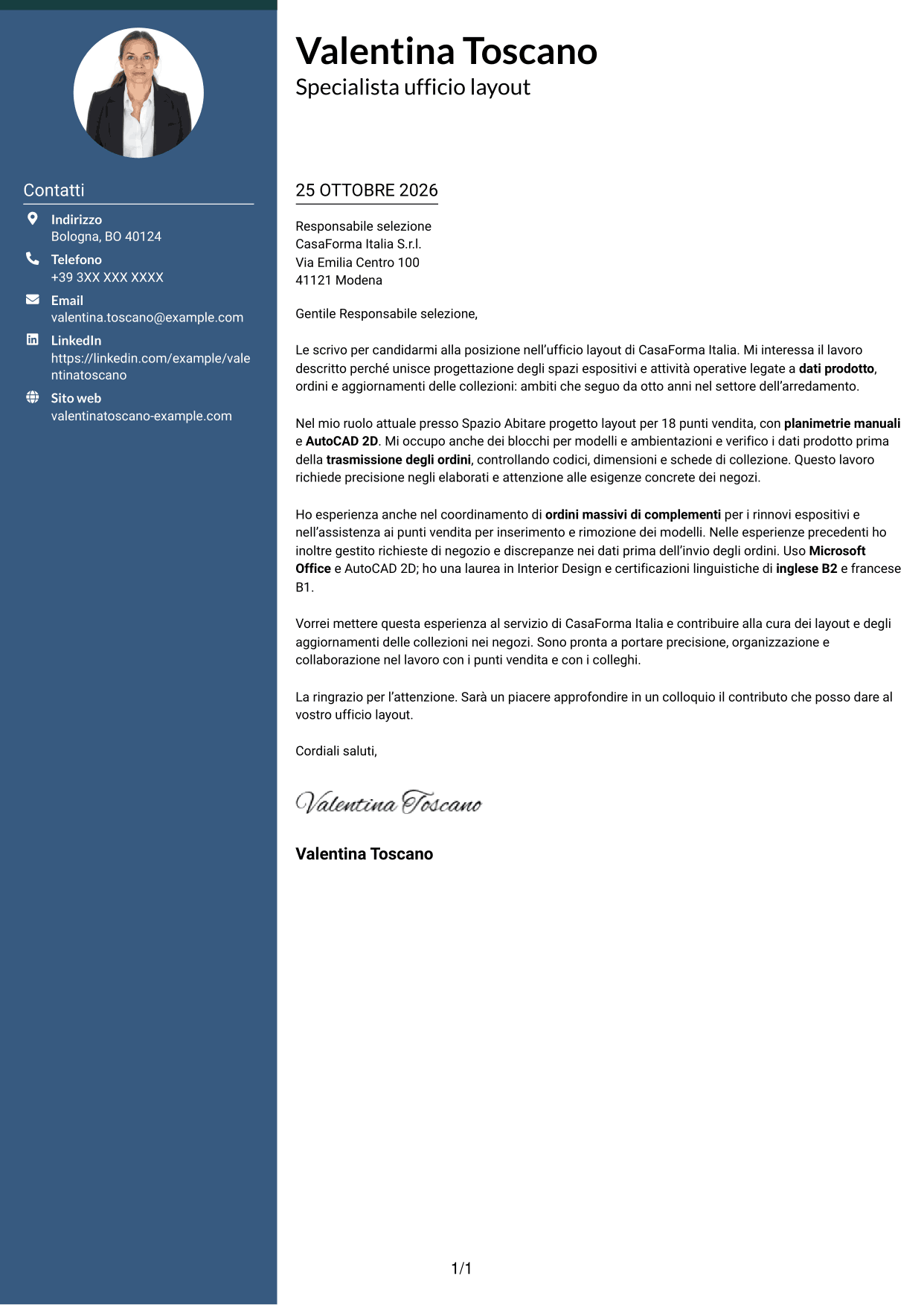 Lettera di presentazione Elegante (formato con colonna laterale colorata e foto): Impiegata ufficio layout - Layout espositivi per arredamento, pagina 1