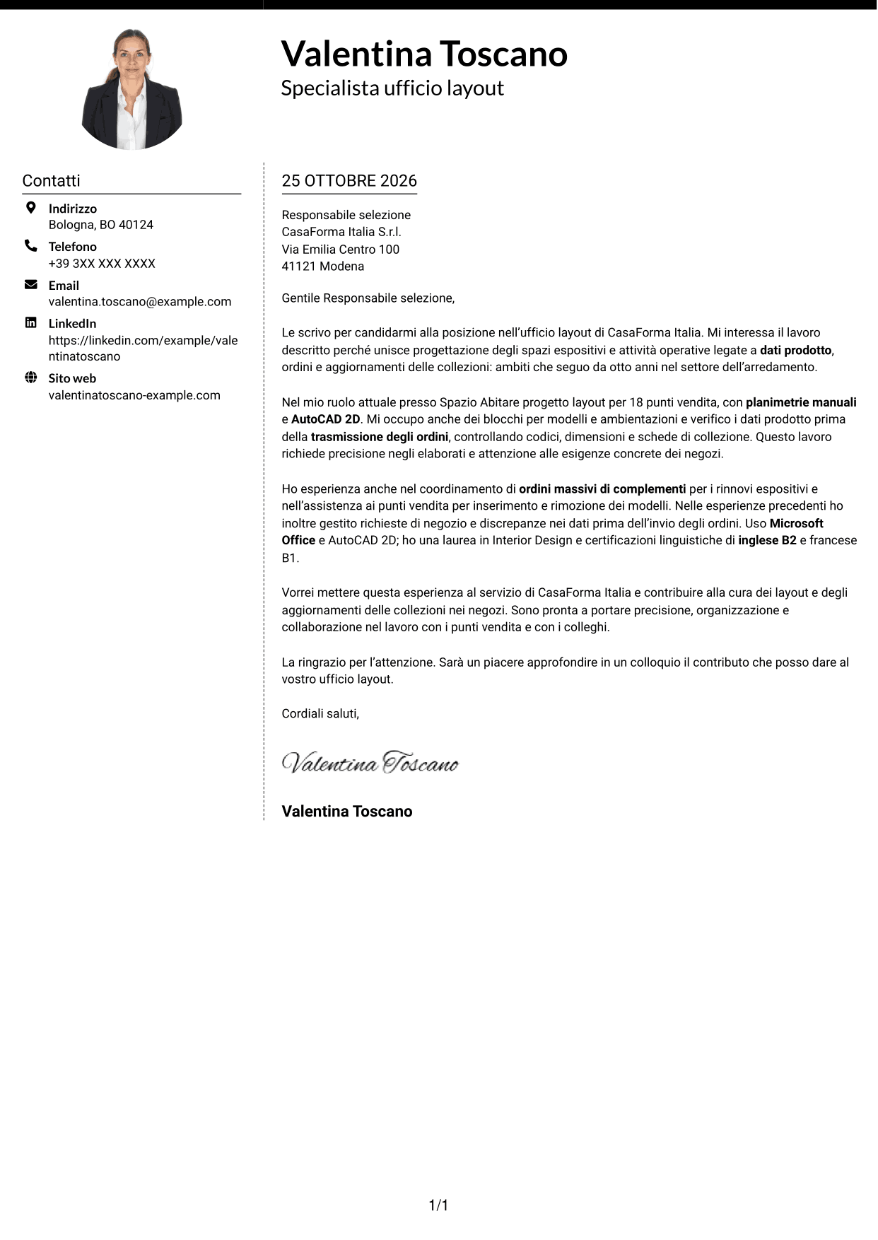 Lettera di presentazione Moderno (formato a due colonne con foto a sinistra e separatore): Impiegata ufficio layout - Layout espositivi per arredamento, pagina 1