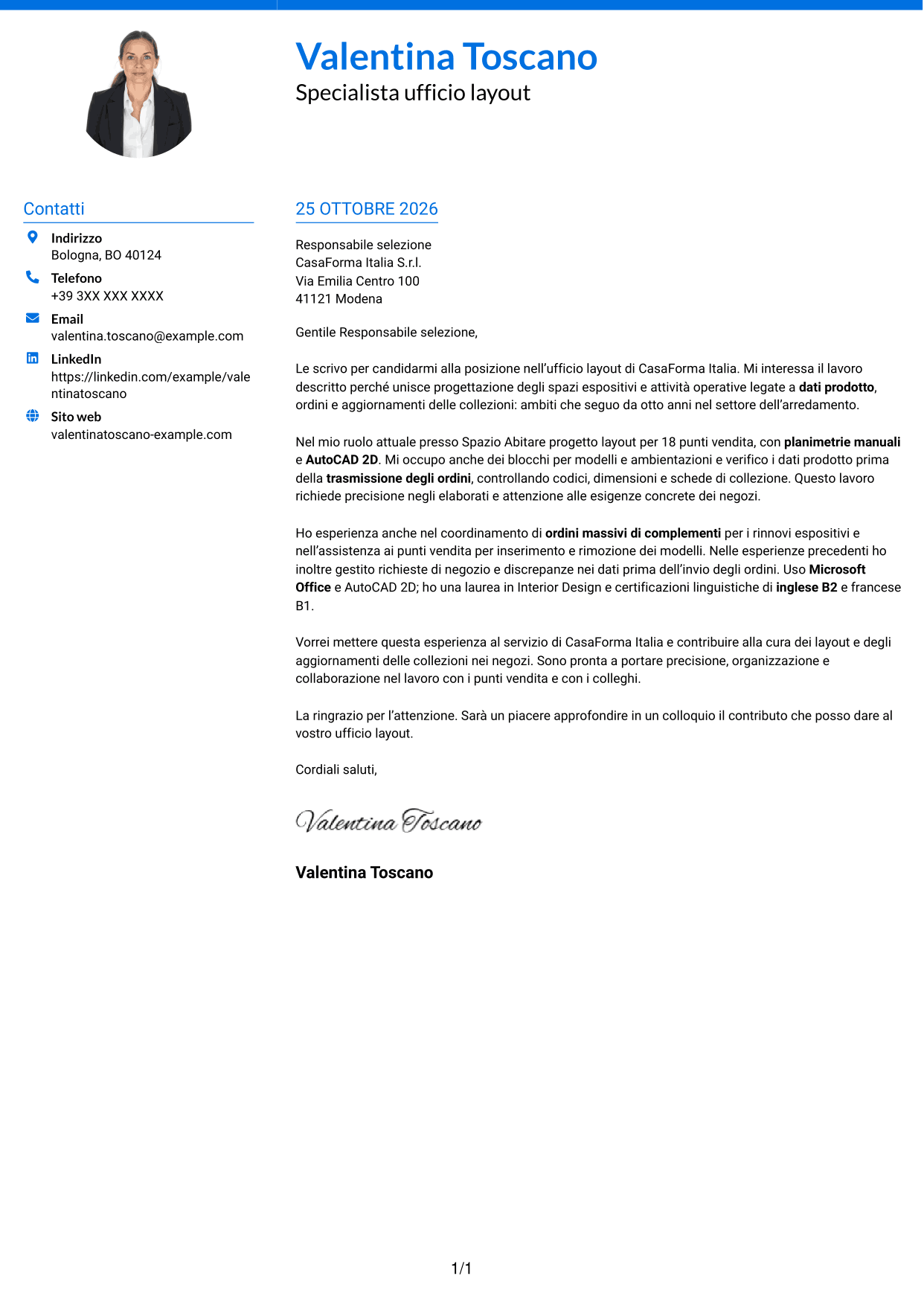Lettera di presentazione Audace (formato a due colonne con accenti colorati e foto): Impiegata ufficio layout - Layout espositivi per arredamento, pagina 1