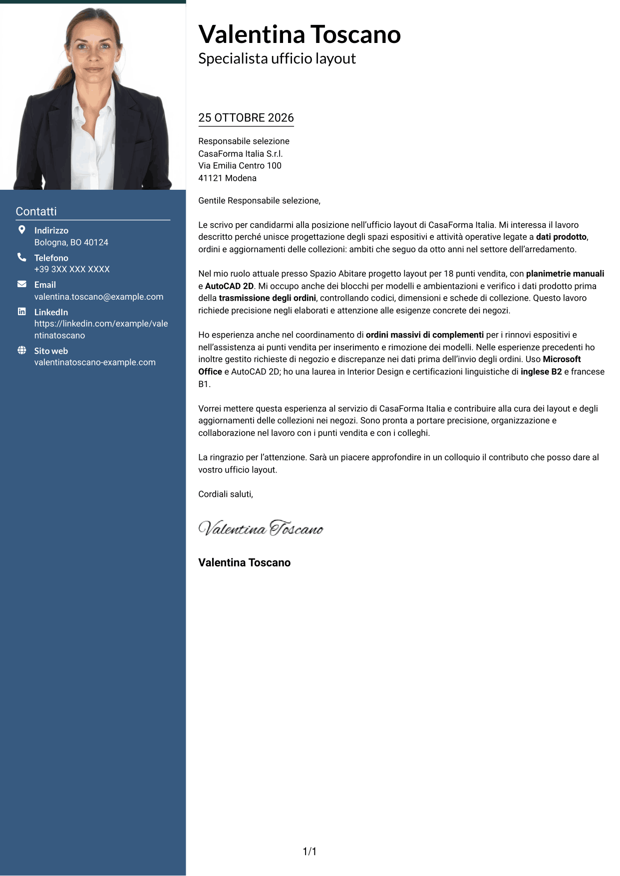 Lettera di presentazione Signature (formato con colonna laterale colorata e foto grande): Impiegata ufficio layout - Layout espositivi per arredamento, pagina 1