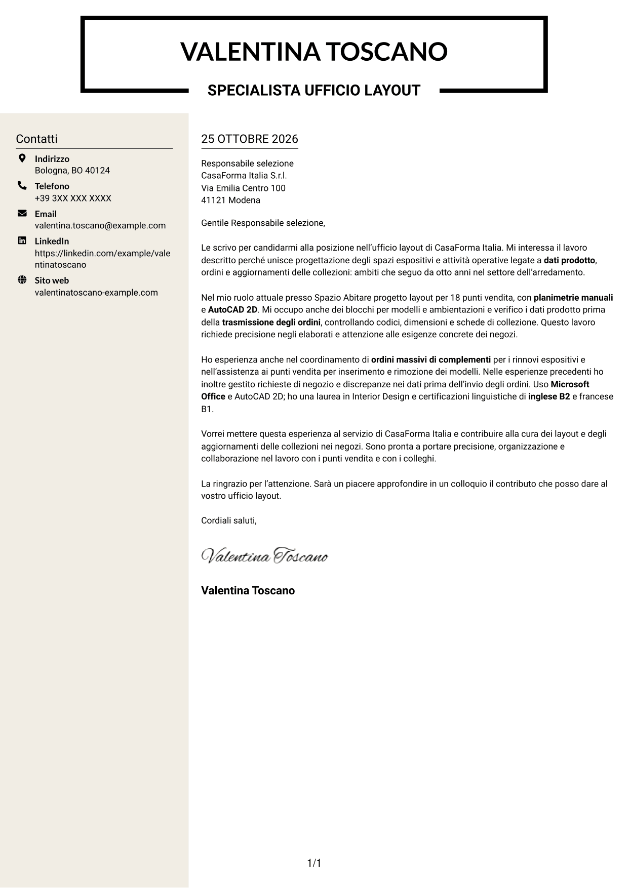 Lettera di presentazione Intraprendente (formato a due colonne con intestazione centrata senza foto): Impiegata ufficio layout - Layout espositivi per arredamento, pagina 1