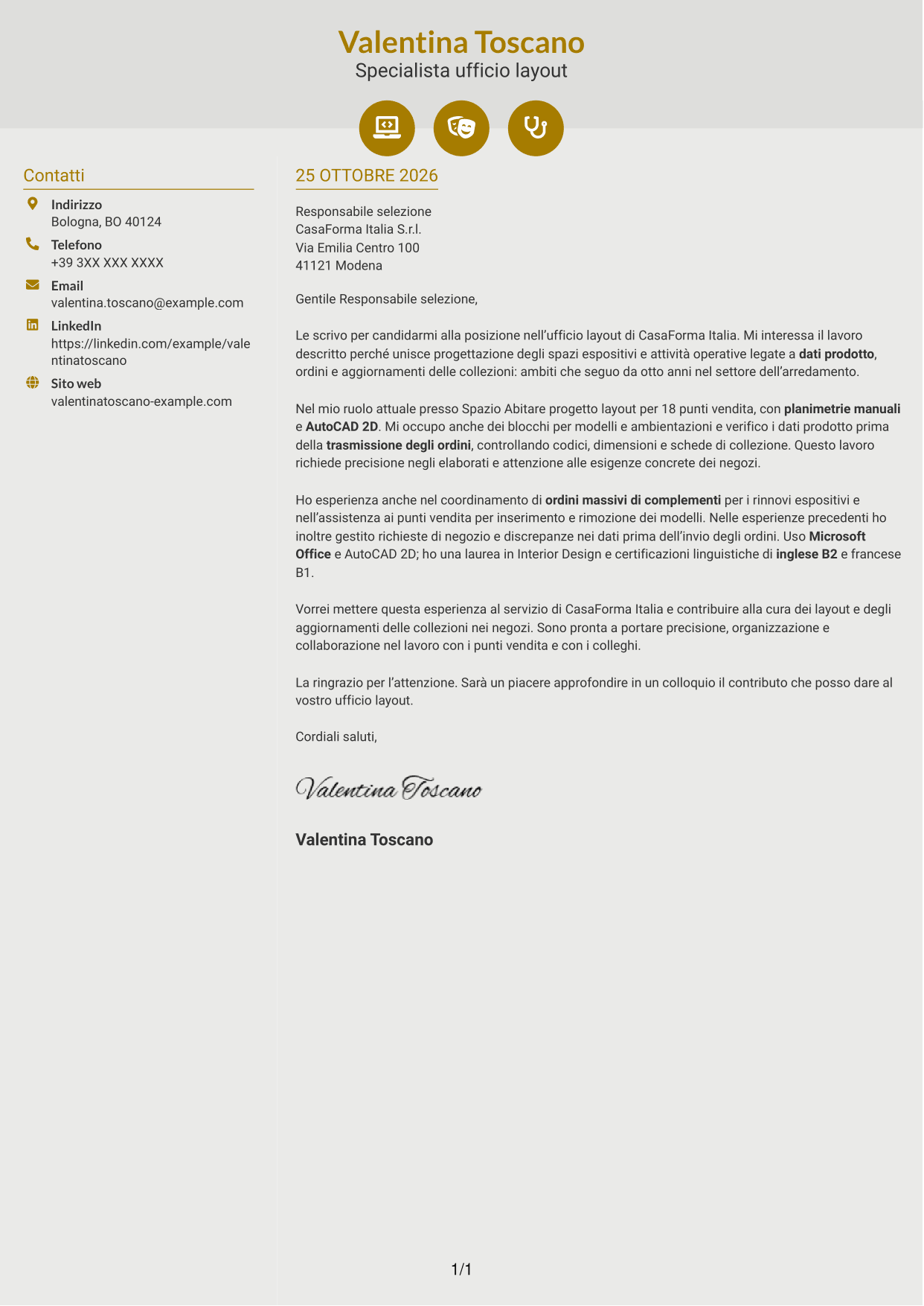 Lettera di presentazione Dinamico (formato a due colonne con icone): Impiegata ufficio layout - Layout espositivi per arredamento, pagina 1