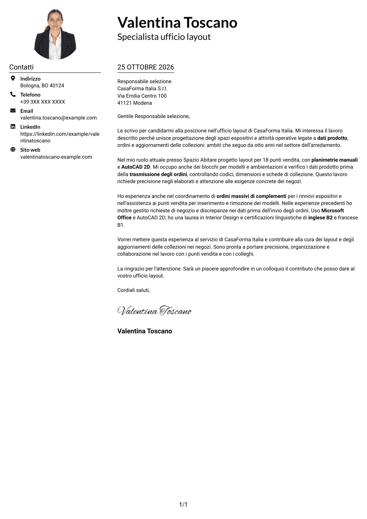 Esempio di lettera di presentazione — pagina 1