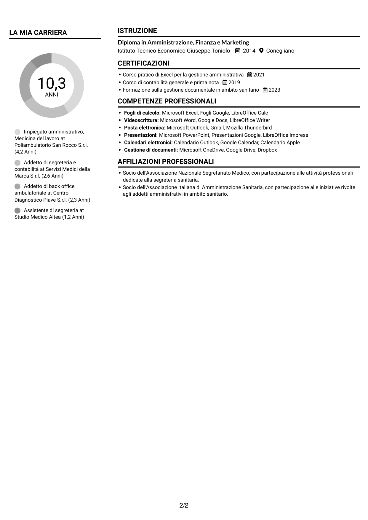 CV Compatto (formato sobrio a due colonne con foto): Impiegato/a amministrativo/a - Medicina del lavoro, pagina 2