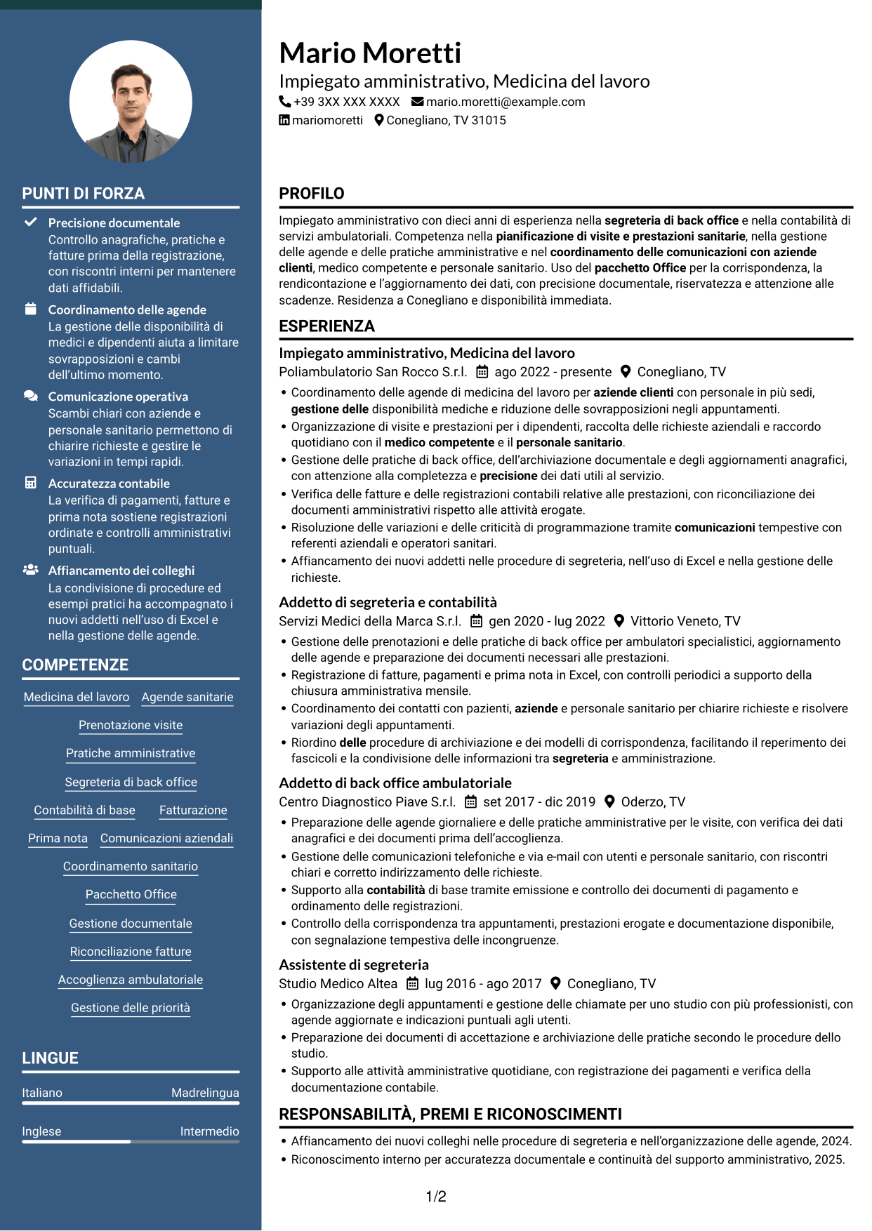 CV Elegante (formato con colonna laterale colorata e foto): Impiegato/a amministrativo/a - Medicina del lavoro, pagina 1
