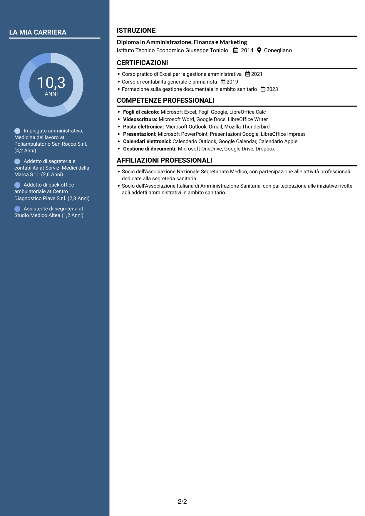 CV Elegante (formato con colonna laterale colorata e foto): Impiegato/a amministrativo/a - Medicina del lavoro, pagina 2
