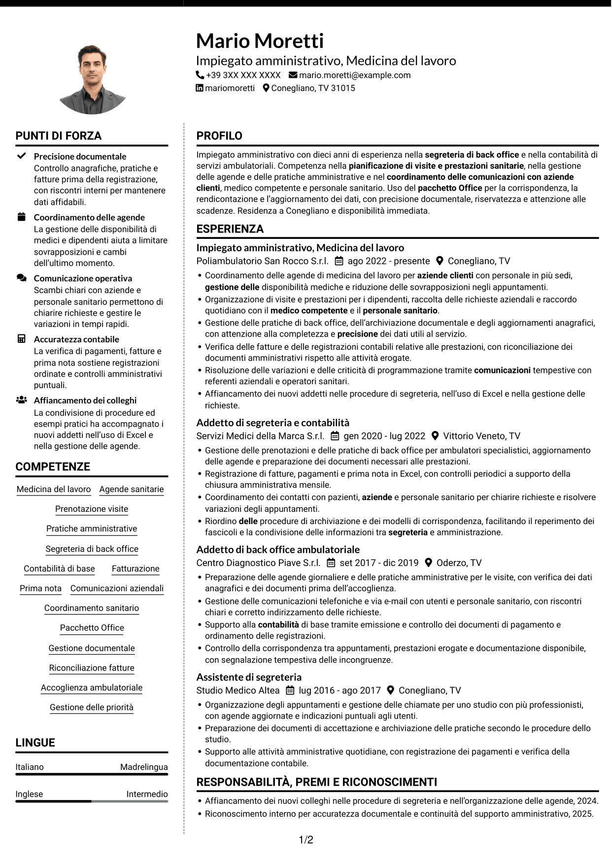 CV Moderno (formato a due colonne con foto a sinistra e separatore): Impiegato/a amministrativo/a - Medicina del lavoro, pagina 1