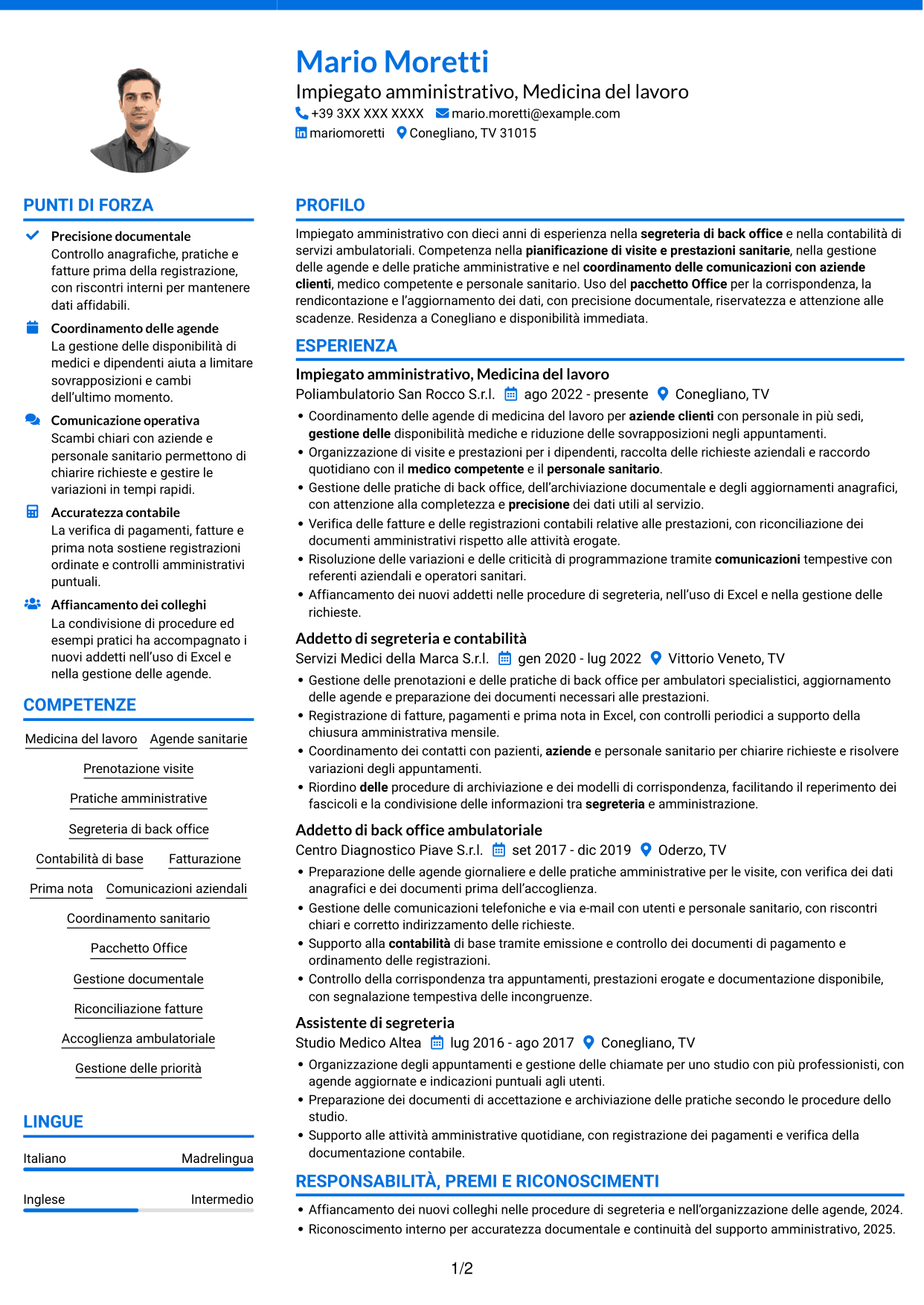 CV Audace (formato a due colonne con accenti colorati e foto): Impiegato/a amministrativo/a - Medicina del lavoro, pagina 1