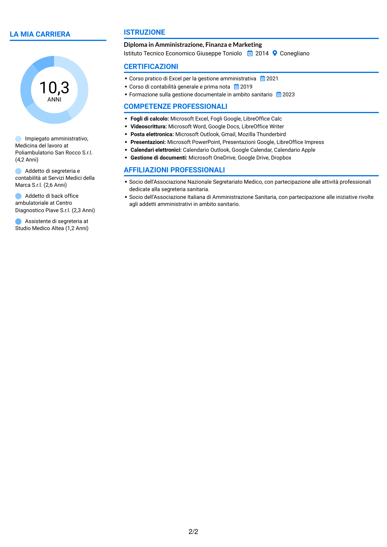 CV Audace (formato a due colonne con accenti colorati e foto): Impiegato/a amministrativo/a - Medicina del lavoro, pagina 2
