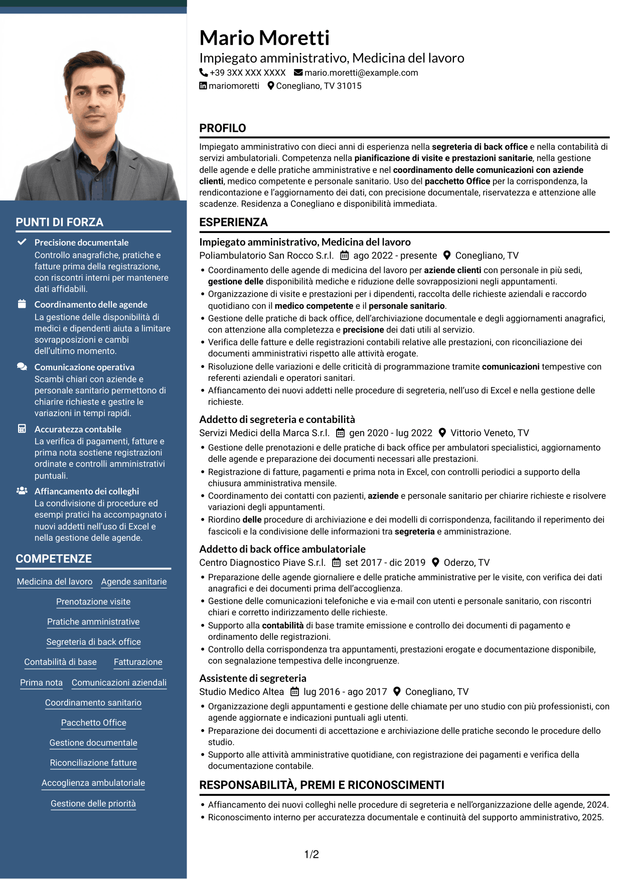 CV Signature (formato con colonna laterale colorata e foto grande): Impiegato/a amministrativo/a - Medicina del lavoro, pagina 1