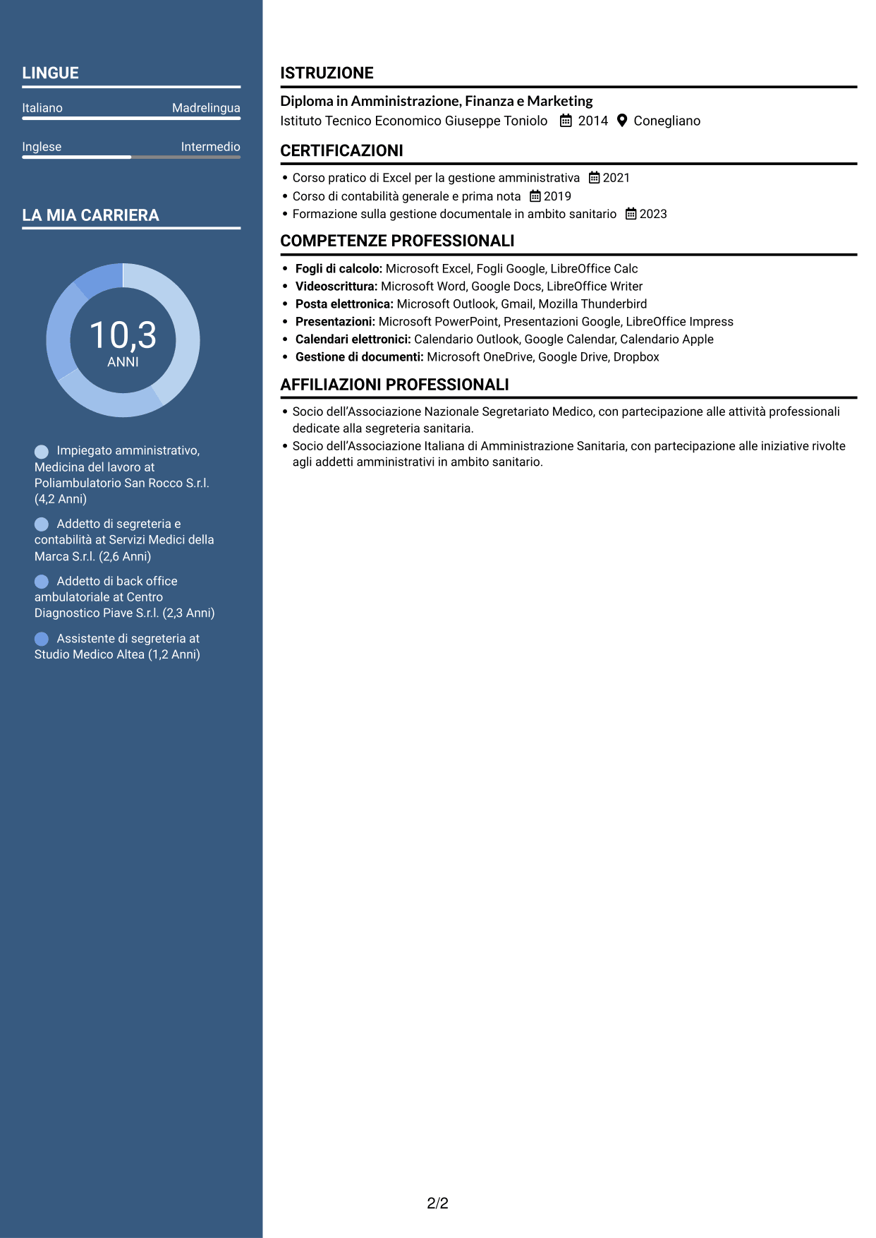 CV Signature (formato con colonna laterale colorata e foto grande): Impiegato/a amministrativo/a - Medicina del lavoro, pagina 2