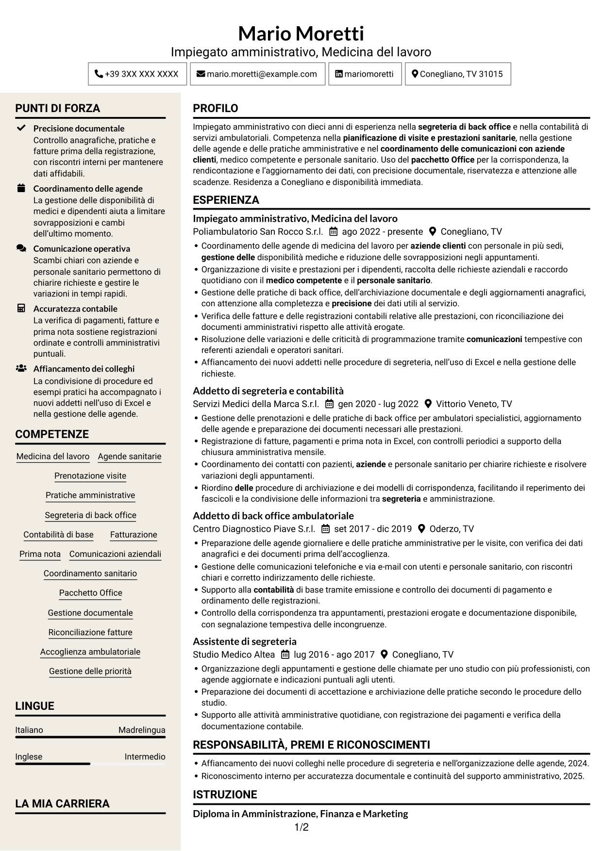 CV Intraprendente (formato a due colonne con intestazione centrata senza foto): Impiegato/a amministrativo/a - Medicina del lavoro, pagina 1