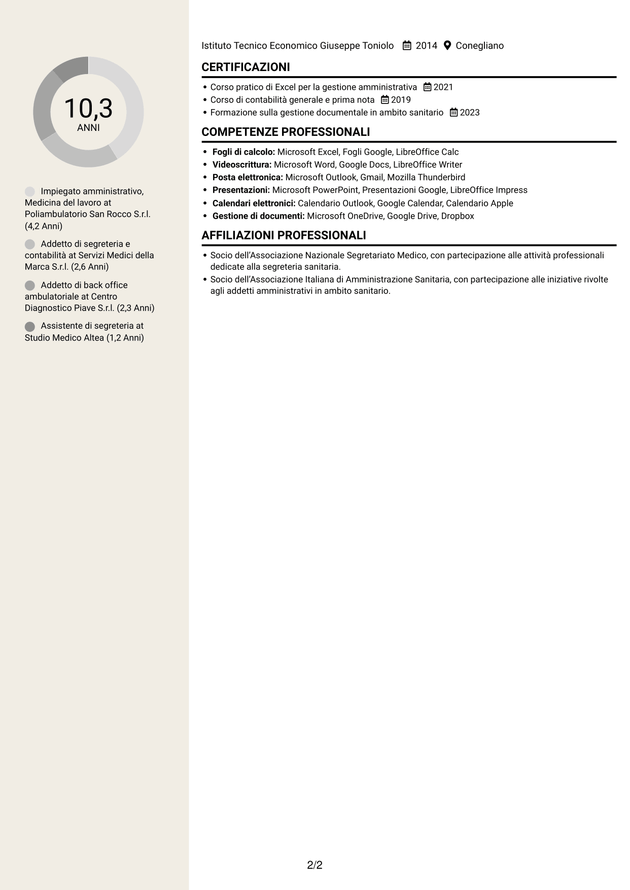 CV Intraprendente (formato a due colonne con intestazione centrata senza foto): Impiegato/a amministrativo/a - Medicina del lavoro, pagina 2