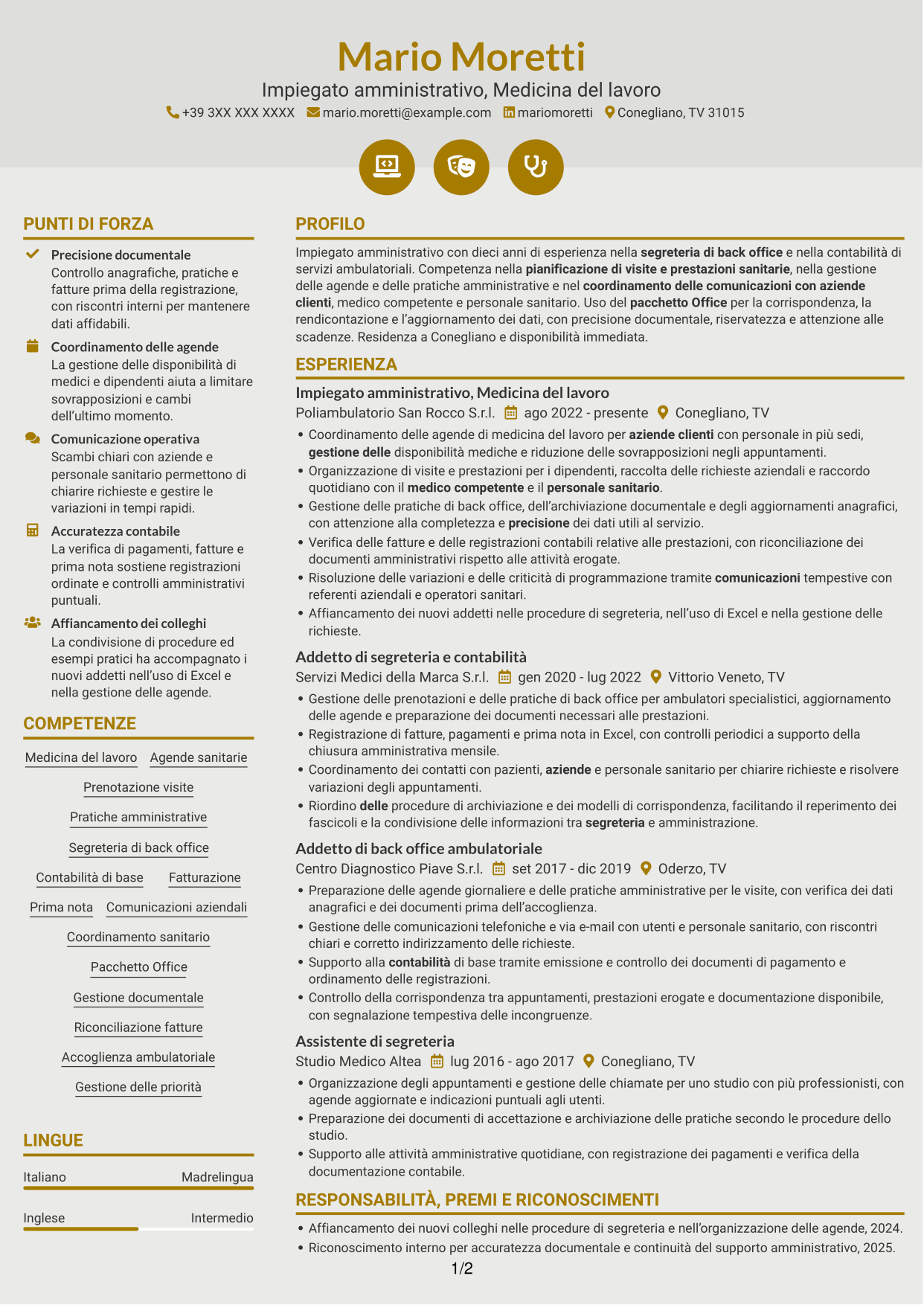 CV Dinamico (formato a due colonne con icone): Impiegato/a amministrativo/a - Medicina del lavoro, pagina 1