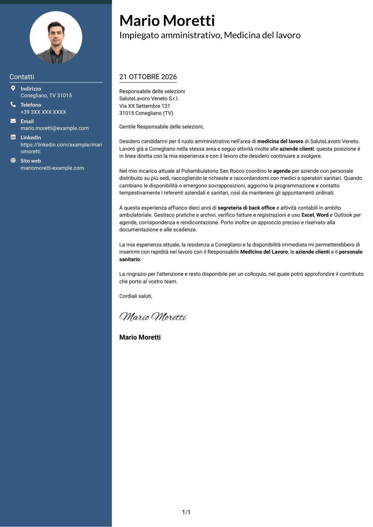 Lettera di presentazione Elegante (formato con colonna laterale colorata e foto): Impiegato/a amministrativo/a - Medicina del lavoro, pagina 1