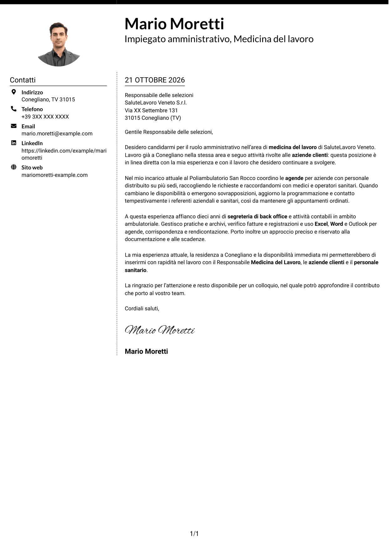 Lettera di presentazione Moderno (formato a due colonne con foto a sinistra e separatore): Impiegato/a amministrativo/a - Medicina del lavoro, pagina 1