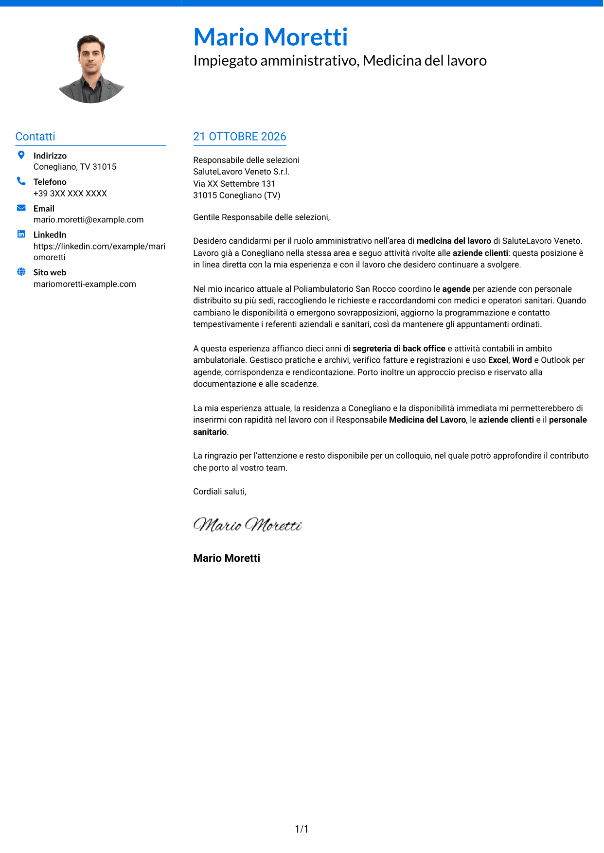 Lettera di presentazione Audace (formato a due colonne con accenti colorati e foto): Impiegato/a amministrativo/a - Medicina del lavoro, pagina 1