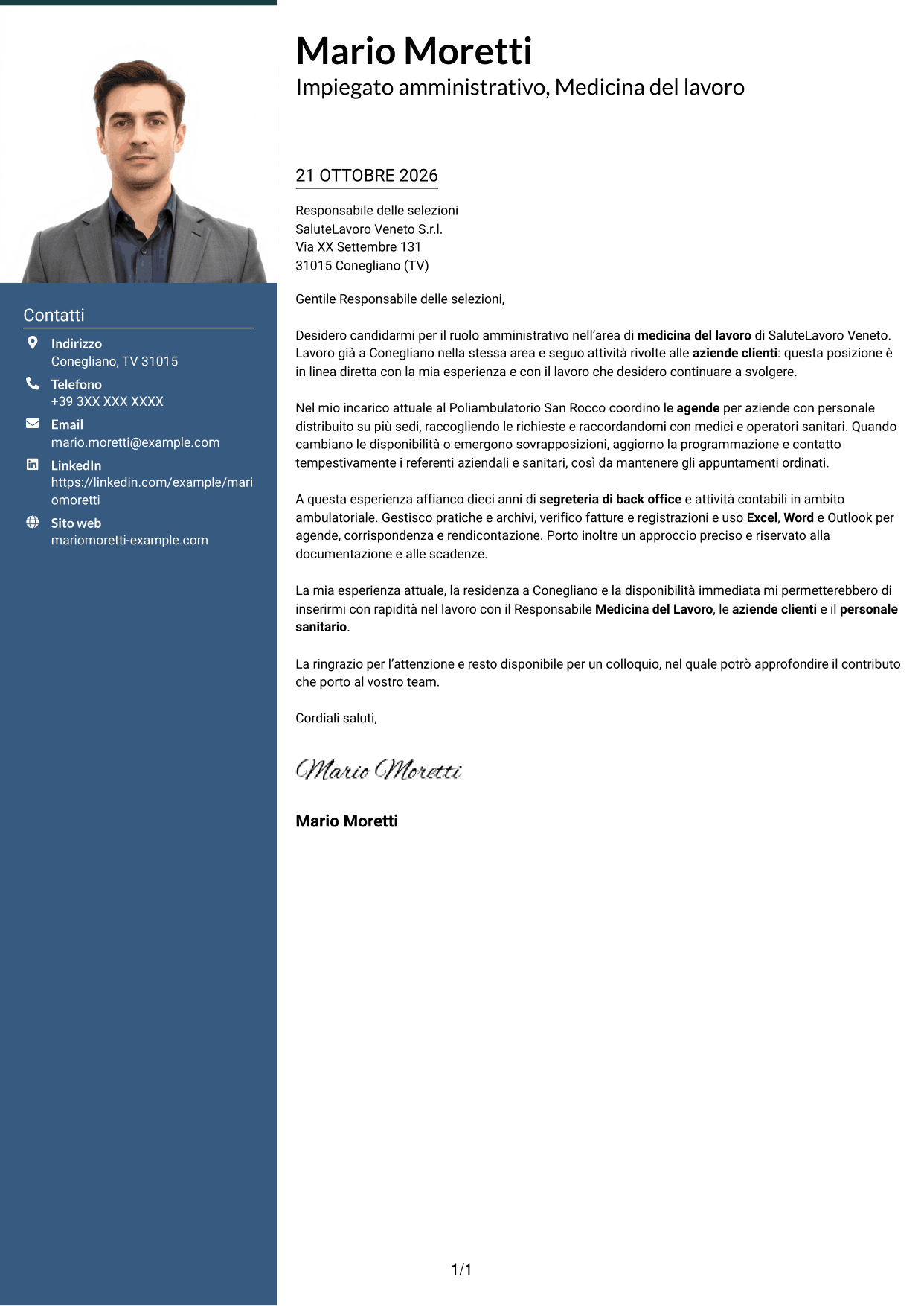 Lettera di presentazione Signature (formato con colonna laterale colorata e foto grande): Impiegato/a amministrativo/a - Medicina del lavoro, pagina 1