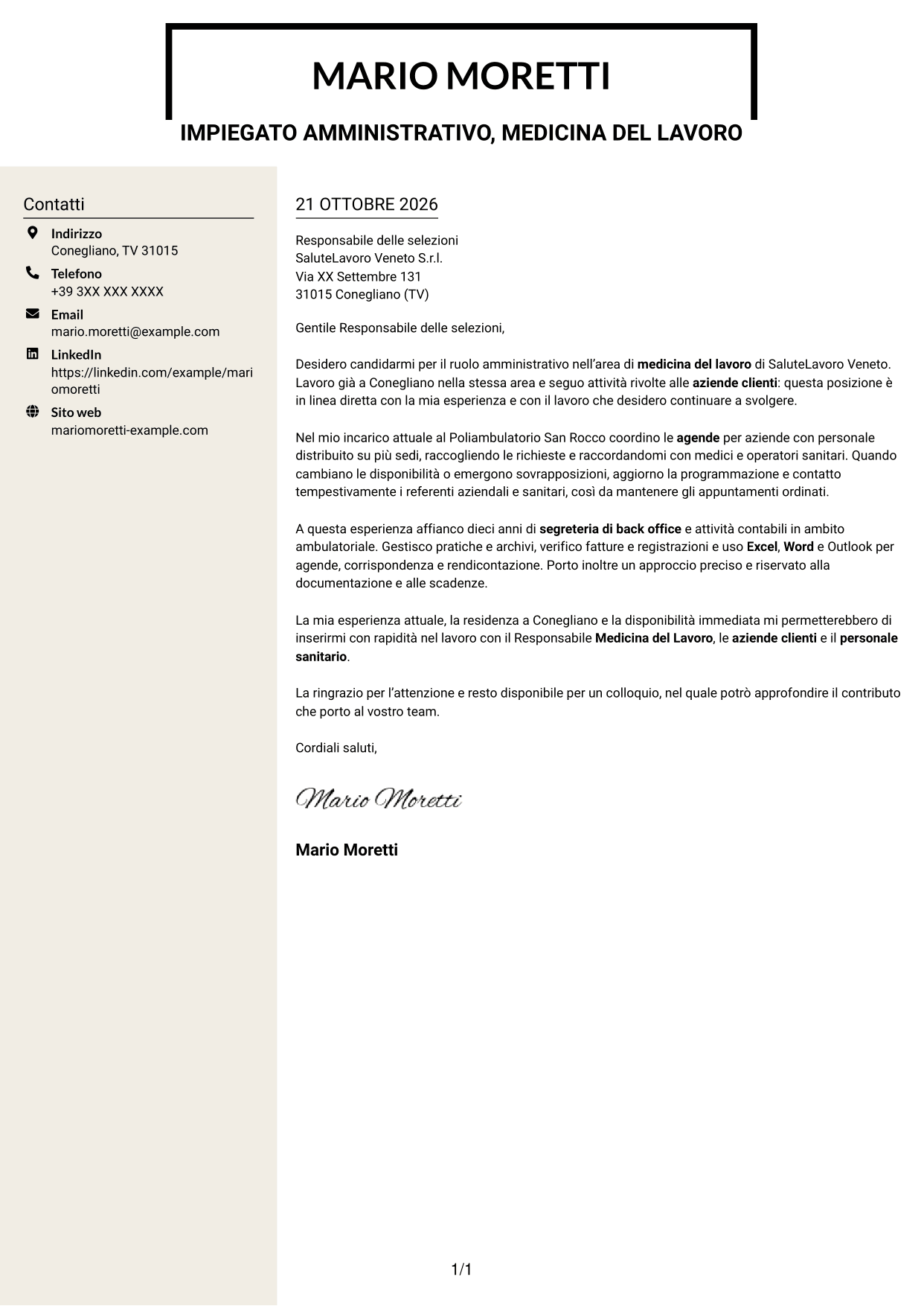Lettera di presentazione Intraprendente (formato a due colonne con intestazione centrata senza foto): Impiegato/a amministrativo/a - Medicina del lavoro, pagina 1