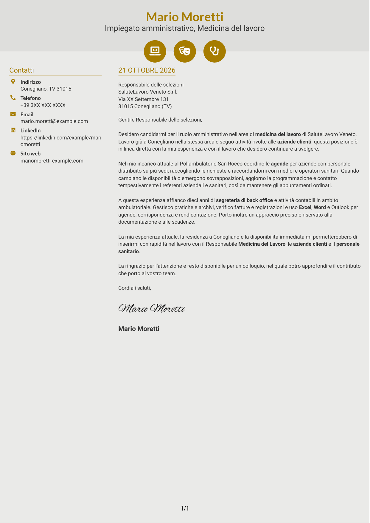 Lettera di presentazione Dinamico (formato a due colonne con icone): Impiegato/a amministrativo/a - Medicina del lavoro, pagina 1