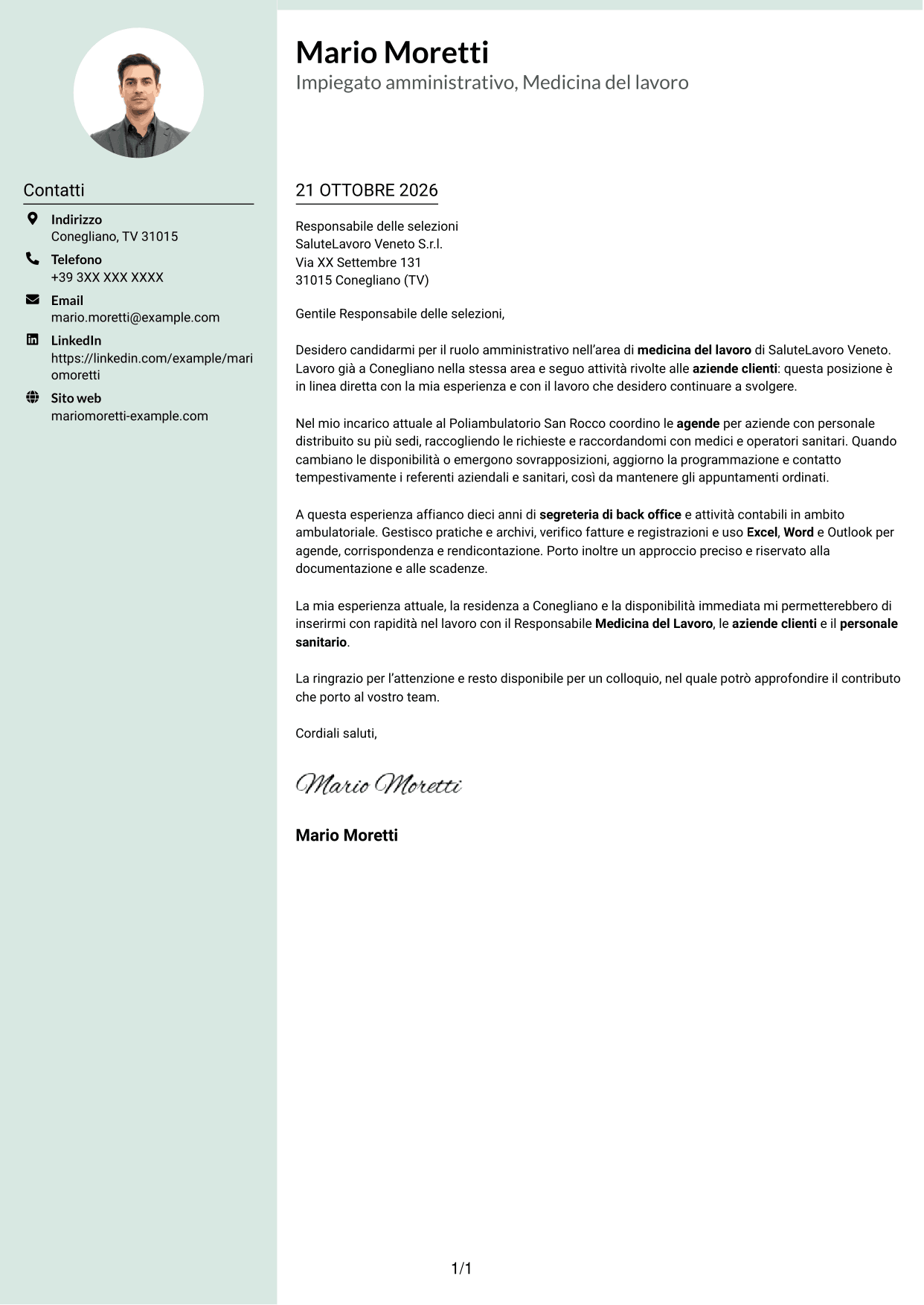 Lettera di presentazione Dirigente (formato con colonna laterale tenue e foto arrotondata): Impiegato/a amministrativo/a - Medicina del lavoro, pagina 1