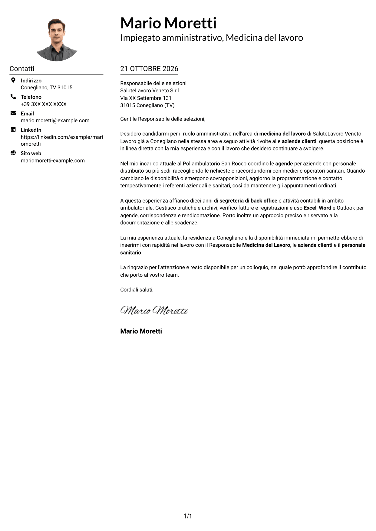 Esempio di lettera di presentazione — pagina 1