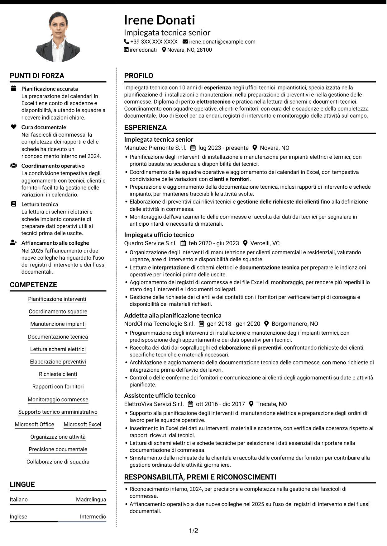 CV Moderno (formato a due colonne con foto a sinistra e separatore): Impiegato tecnico - Manutenzione impianti, pagina 1