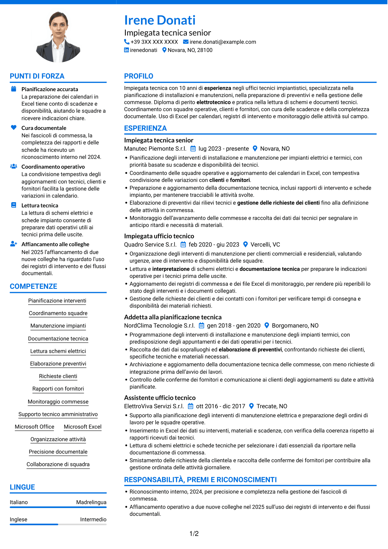 CV Audace (formato a due colonne con accenti colorati e foto): Impiegato tecnico - Manutenzione impianti, pagina 1