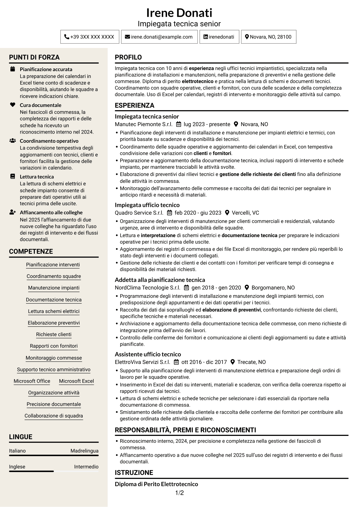 CV Intraprendente (formato a due colonne con intestazione centrata senza foto): Impiegato tecnico - Manutenzione impianti, pagina 1