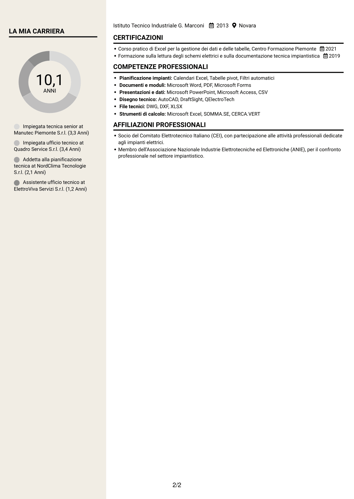 CV Intraprendente (formato a due colonne con intestazione centrata senza foto): Impiegato tecnico - Manutenzione impianti, pagina 2