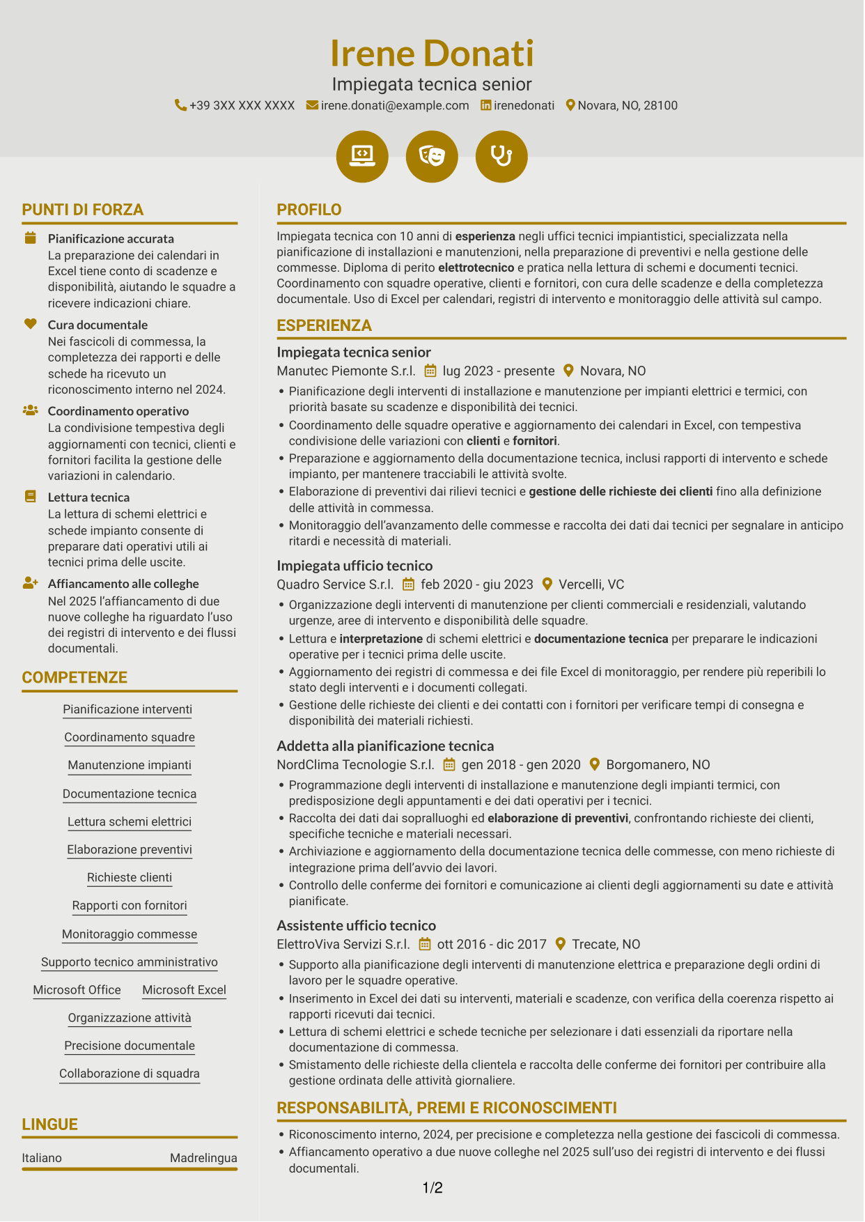 CV Dinamico (formato a due colonne con icone): Impiegato tecnico - Manutenzione impianti, pagina 1
